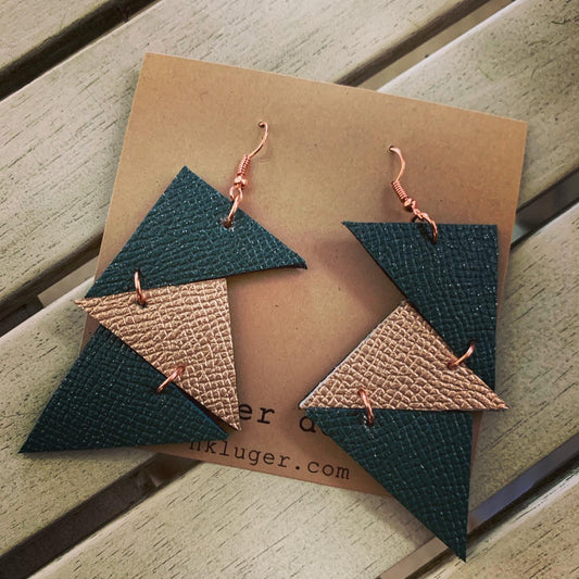 Geometric Glitter Teal & Rose Gold Leather Drop Earrings