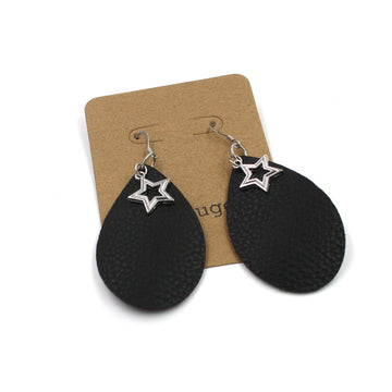 Black Pebbled Leather Drop Star-Studded Earrings