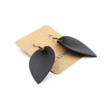 Inspired Black Pebbled Leather Drop Earrings with Mauve Backside