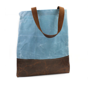 Large Blue Waxed Canvas and Brown Leather Tote Bag