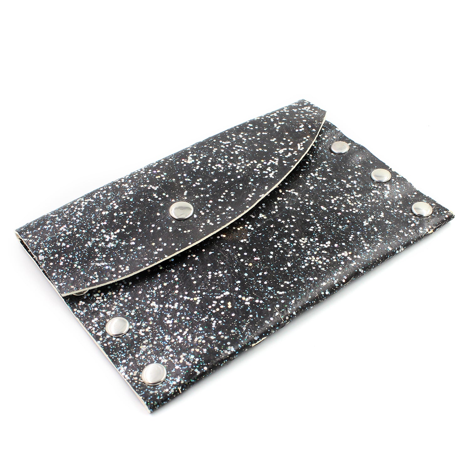 Hand Decorated Black Glitter Leather Card Case / Mini Wallet