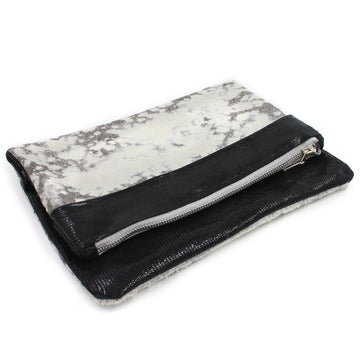 Black & White Metallic Mixed Leather & Fabric Clutch