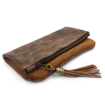Distressed Genuine Brown Leather Foldover Clutch