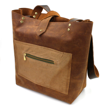 Brown Leather Tote Bag Shopper with Lambskin Pocket