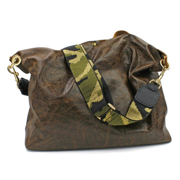 Brown Leather & Shimmery Camo Strap Tote Bag