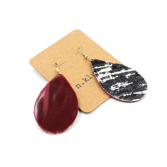 Black, White & Red All Over Leather Drop Earrings - N.Kluger Designs Earrings