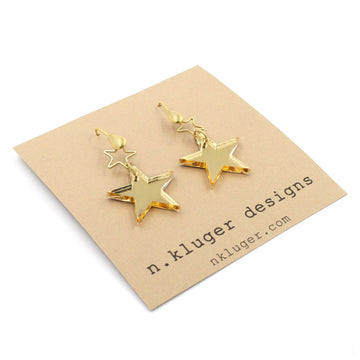 Mini Gold Mirrored Acrylic Double Star Drop Earrings