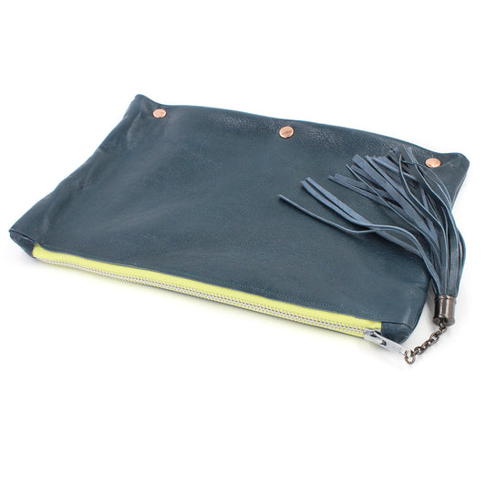 Fun Dark Teal Leather Clutch w/Yellow Zipper - N.Kluger Designs clutch