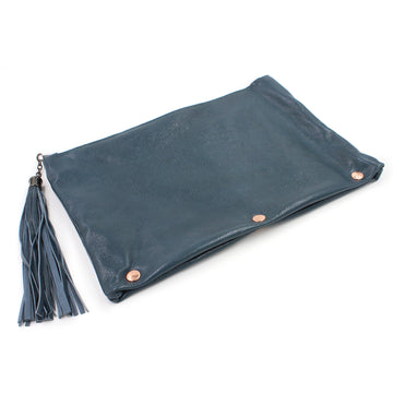 Fun Dark Teal Leather Clutch w/Yellow Zipper