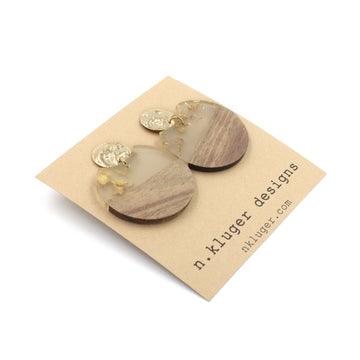 Gold Leaf & Wood Circle Cutout Acrylic Drop Earrings