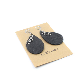 Metallic Gunmetal Leather & Hearts Drop Earrings