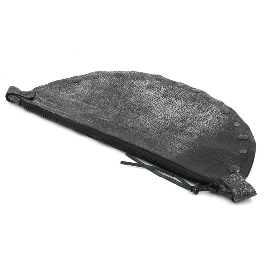 Metallic Gunmetal Leather Half-Moon Clutch