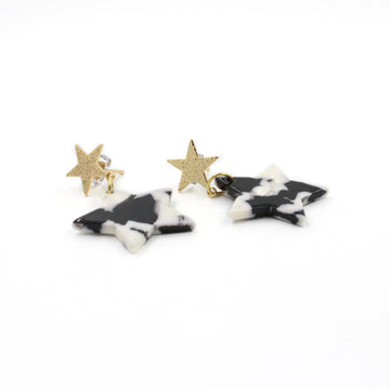 Black , White & Gold Acrylic Stars Dangling Earrings
