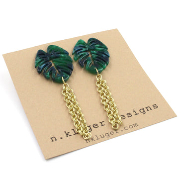 Marbled Green Leaf Acrylic Drop Earrings
