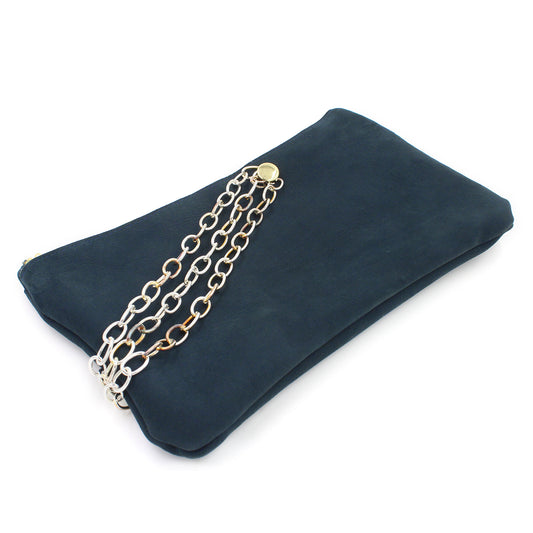 Navy Leather Chain Clutch