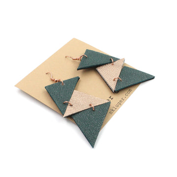 Geometric Glitter Teal & Rose Gold Leather Drop Earrings
