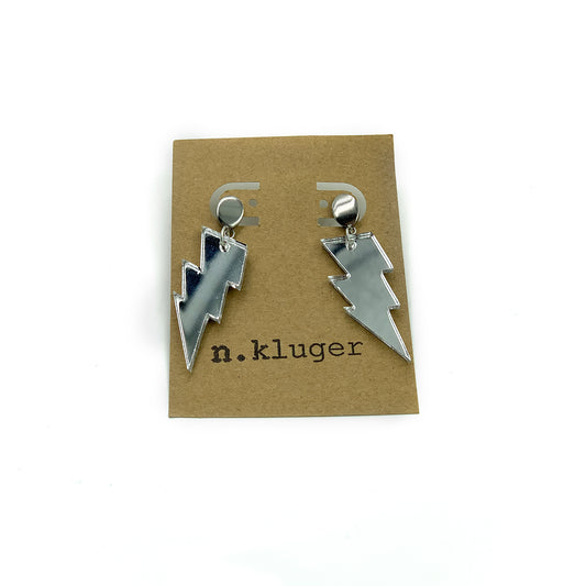 Silver Mirrored Lightning Bolt Acrylic Drop Earrings