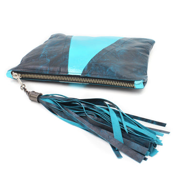 Metallic Aqua & Teal Colorblock Leather Clutch