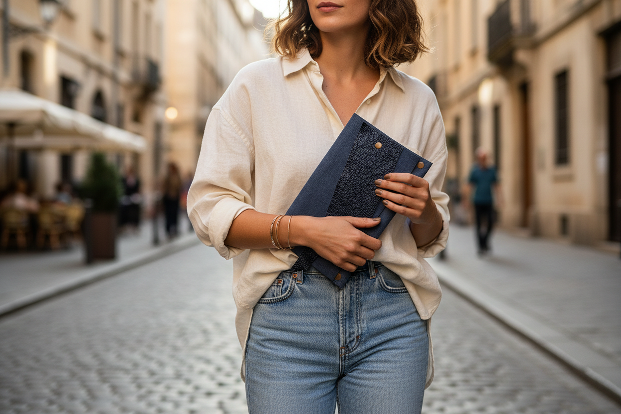 Denim Textured Leather Clutch, Fully Lined