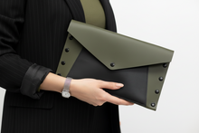 Olive Green & Black Leather Color Block Envelope Clutch