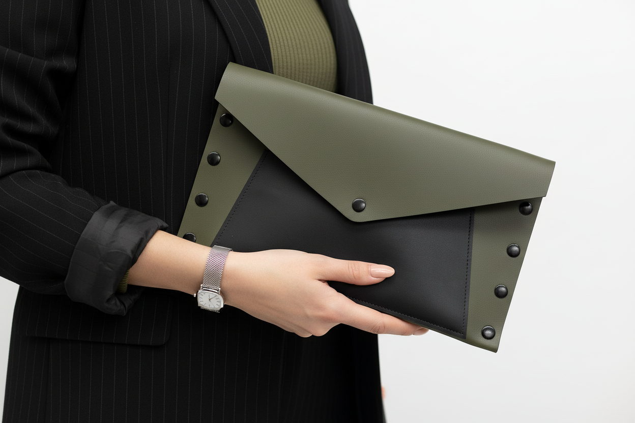 Olive Green & Black Leather Color Block Envelope Clutch
