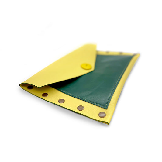 Yellow & Green Leather Color Block Envelope Clutch