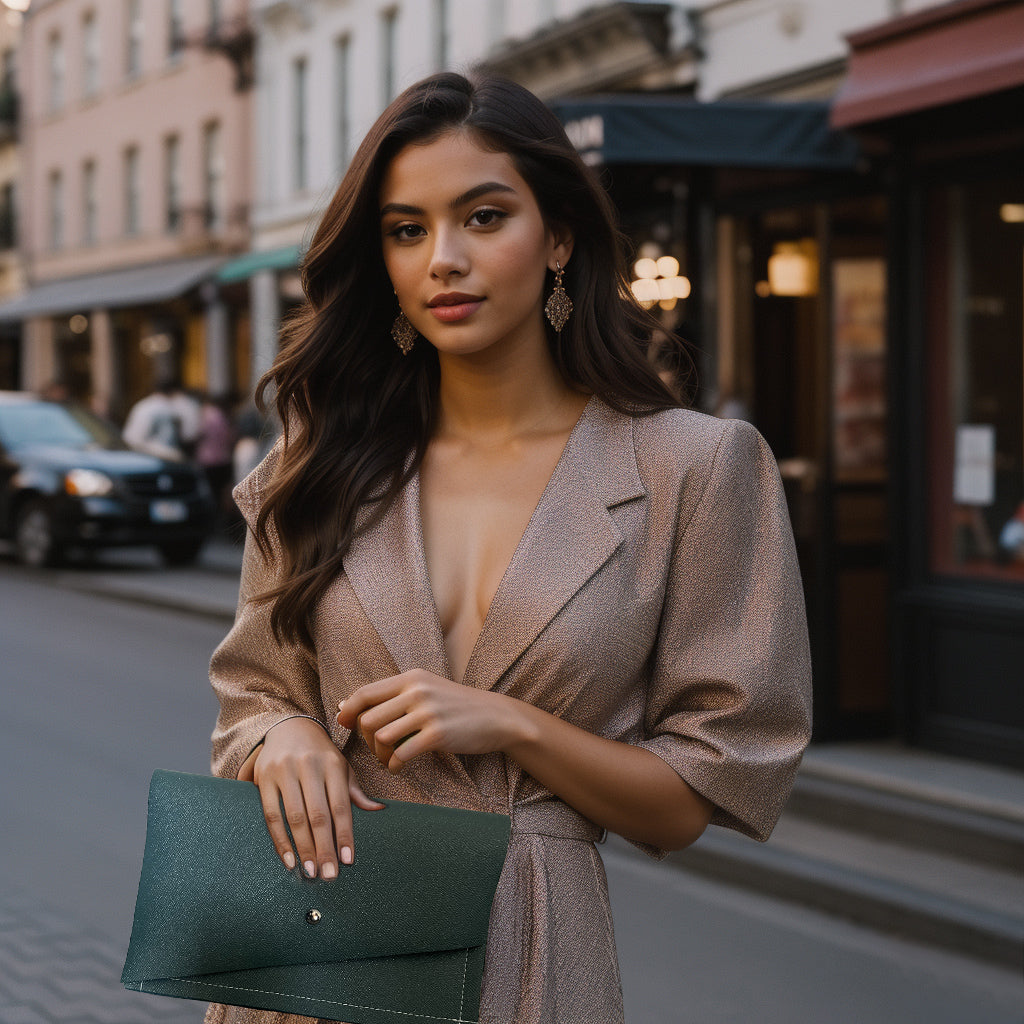 Shimmering Green/Blue Leather Sewn Clutch