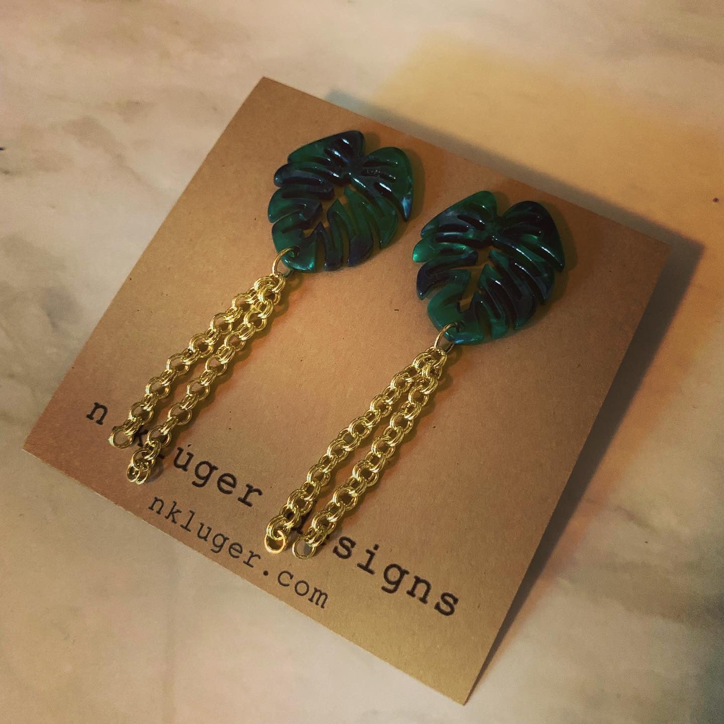 Marbled Green Leaf Acrylic Drop Earrings