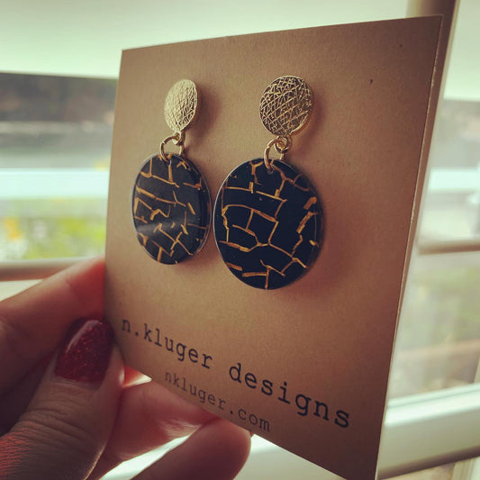 Gold & Black Mosaic Circle Acrylic Drop Earrings