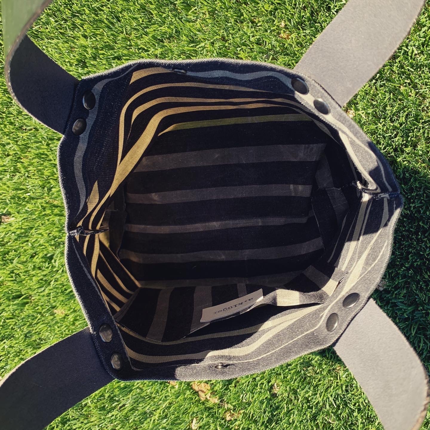 Small Charcoal Striped Waxed Canvas & Leather Tote Bag