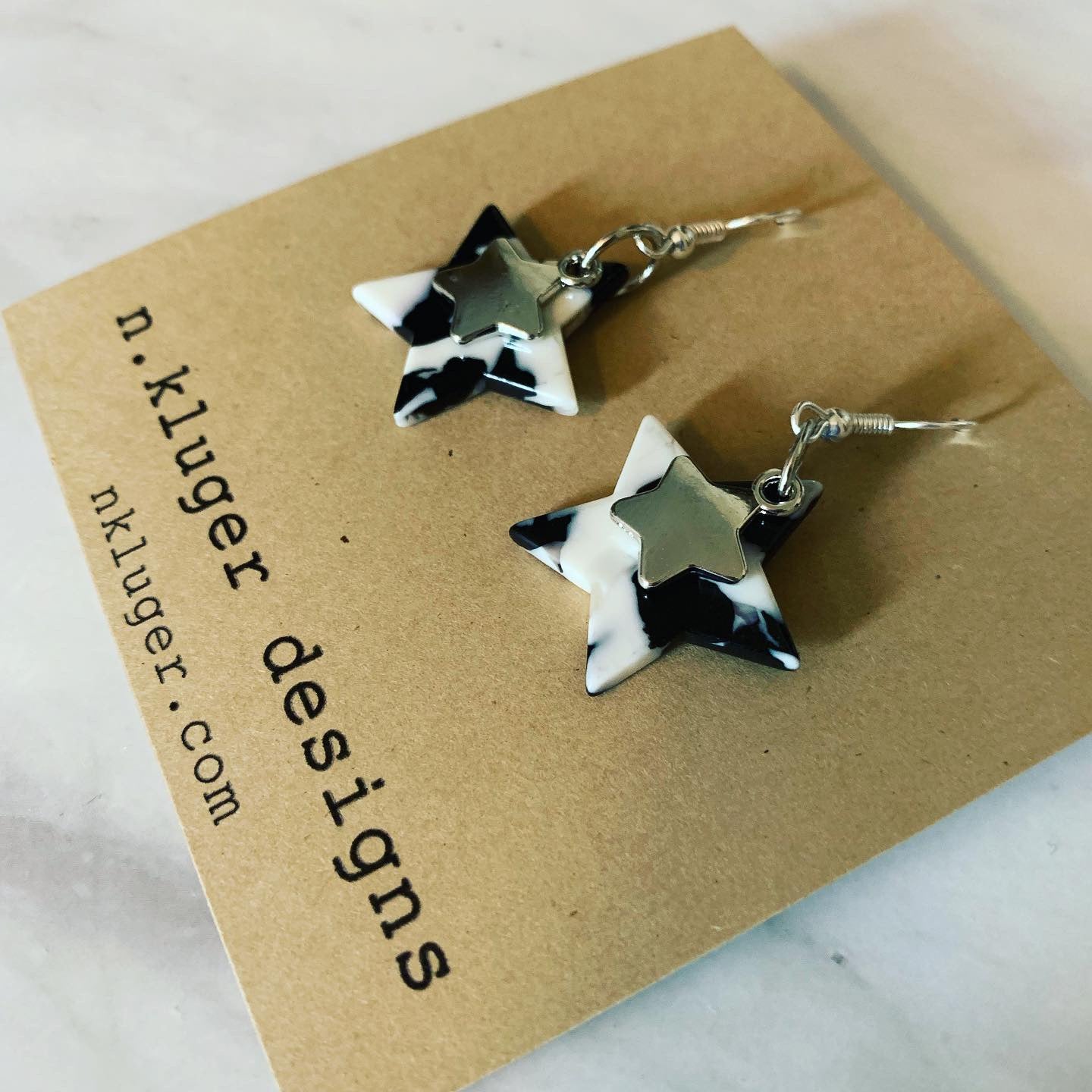 Black & White Double Stars Dangling Earrings