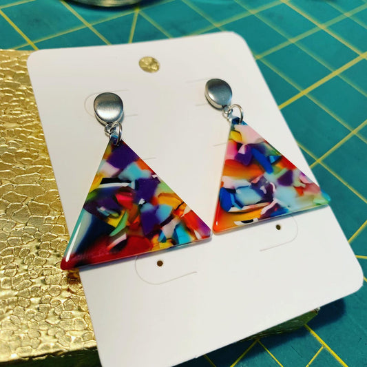 Rainbow Confetti Triangle Acrylic Drop Earrings
