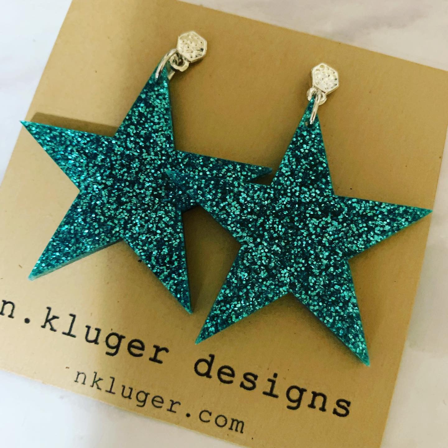 Green Blue Glitter Star Acrylic Dangling Earrings