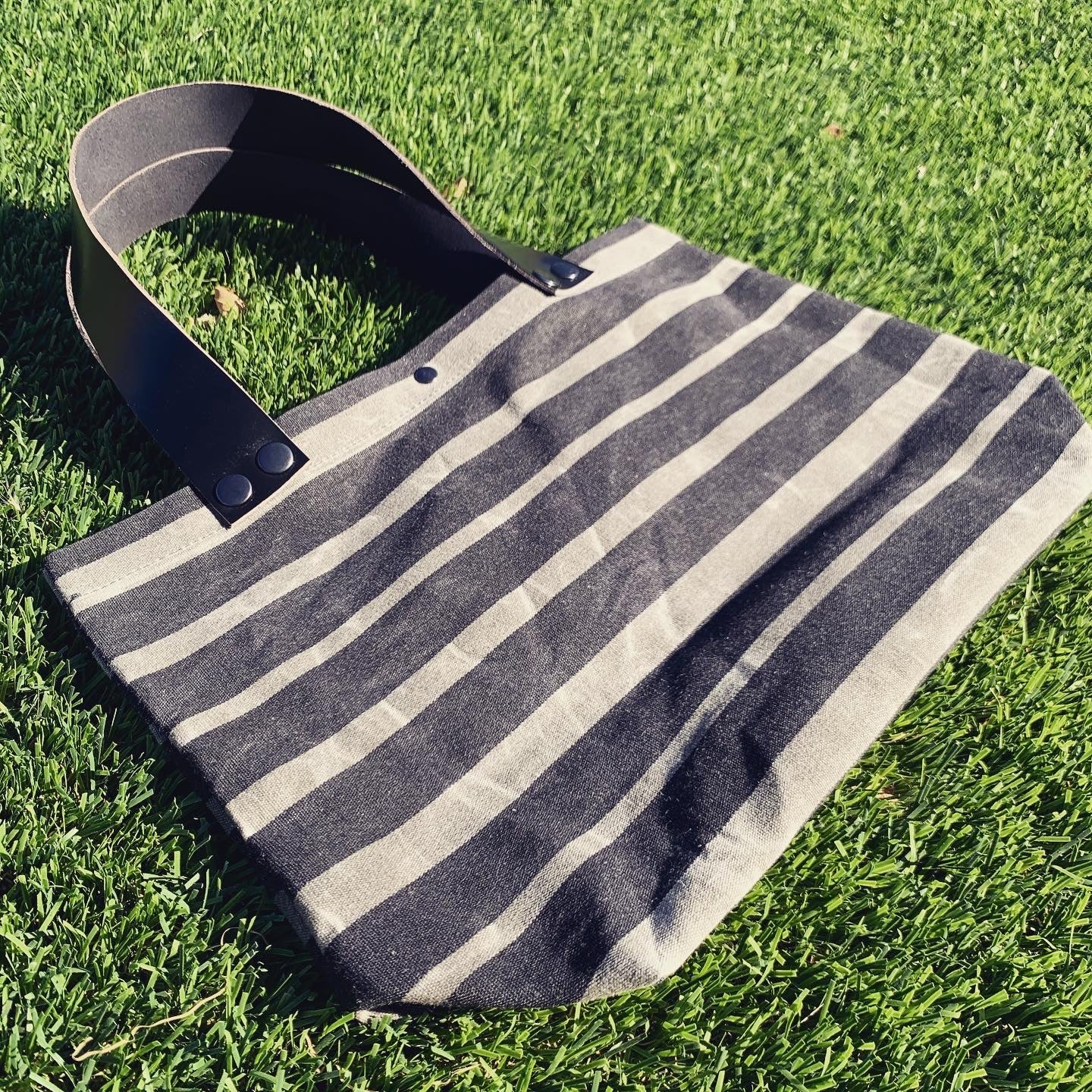 Small Charcoal Striped Waxed Canvas & Leather Tote Bag