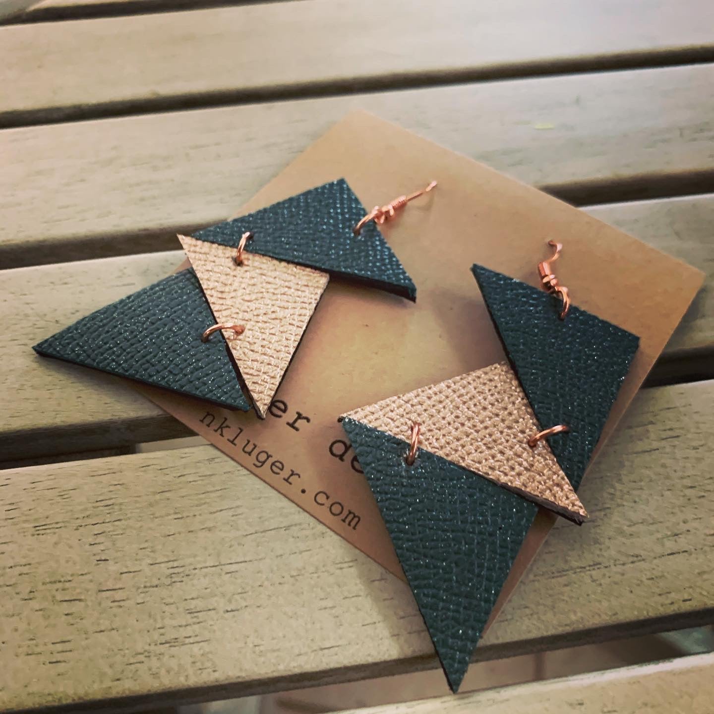 Geometric Glitter Teal & Rose Gold Leather Drop Earrings