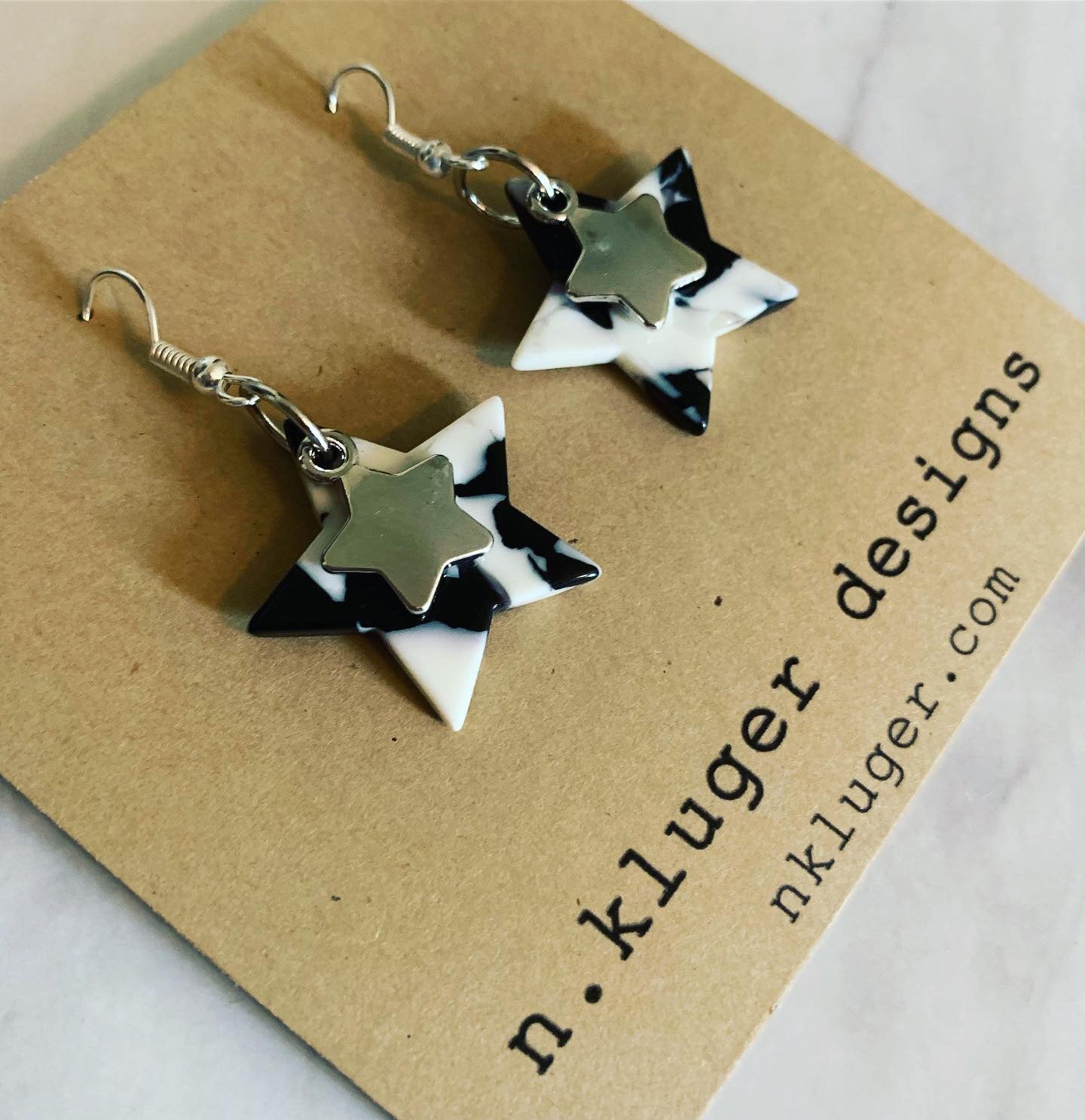 Black & White Double Stars Dangling Earrings