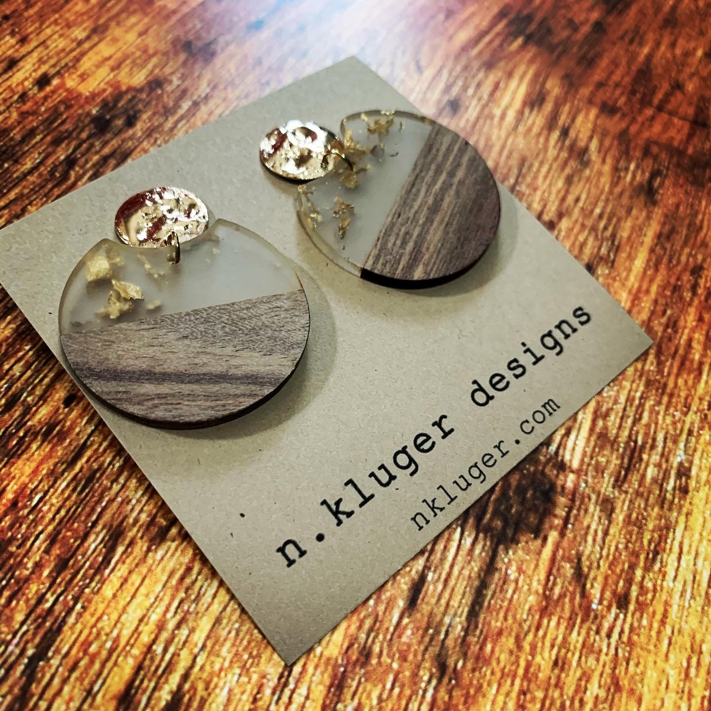 Gold Leaf & Wood Circle Cutout Acrylic Drop Earrings