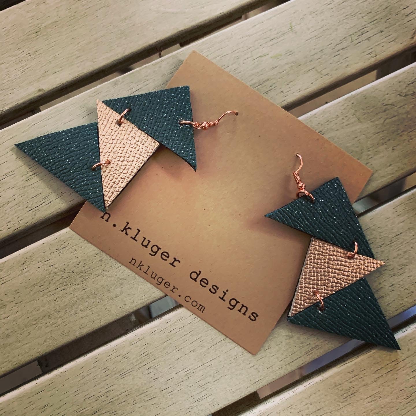 Geometric Glitter Teal & Rose Gold Leather Drop Earrings