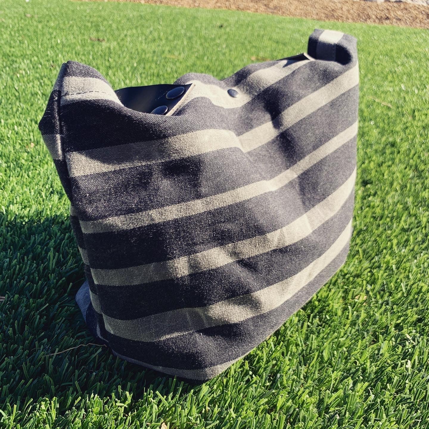 Small Charcoal Striped Waxed Canvas & Leather Tote Bag
