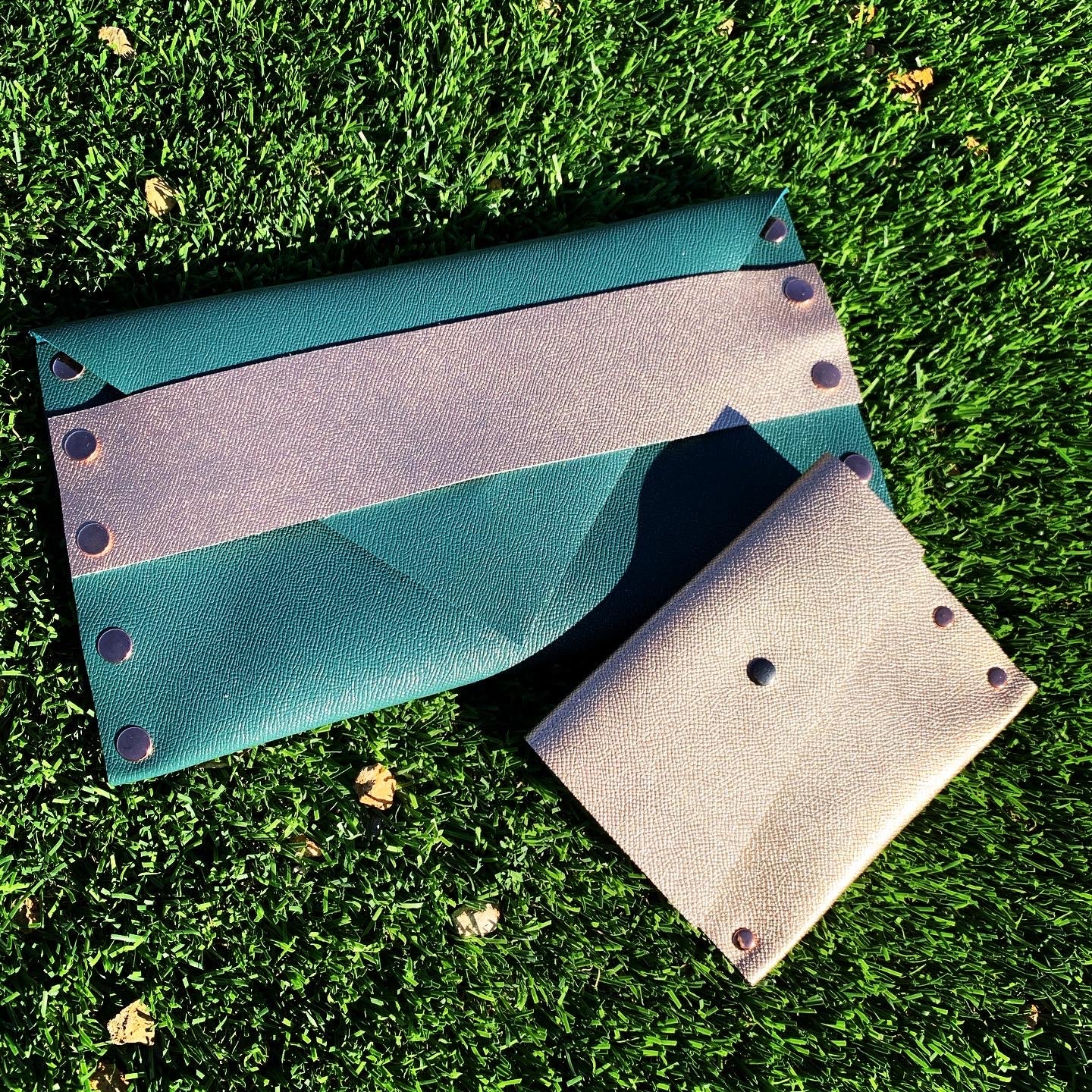 Metallic Teal Leather Envelope Clutch with Rose Gold Strap