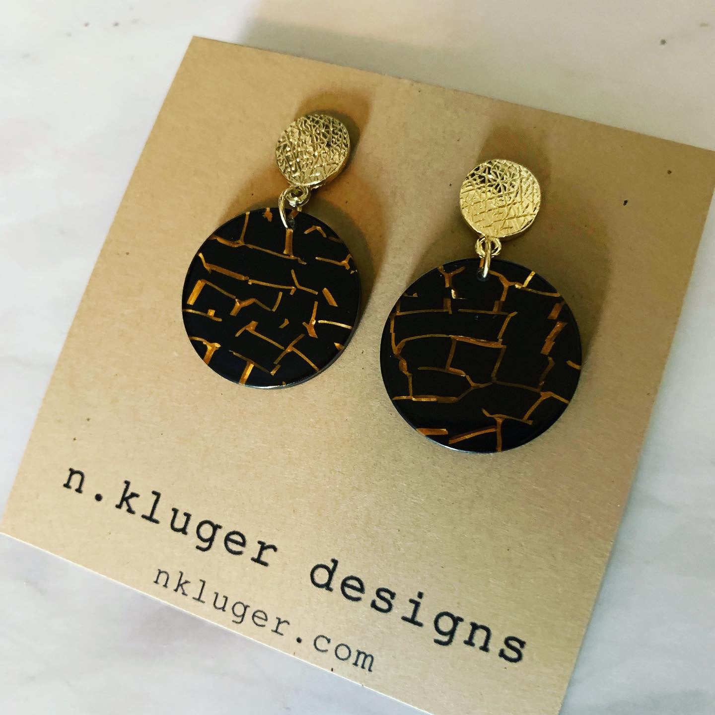 Gold & Black Mosaic Circle Acrylic Drop Earrings