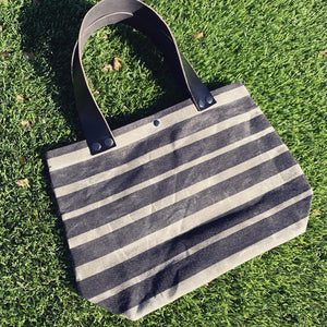 Small Charcoal Striped Waxed Canvas & Leather Tote Bag