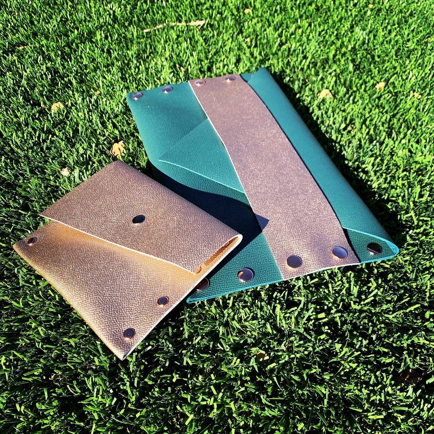 Metallic Teal Leather Envelope Clutch with Rose Gold Strap