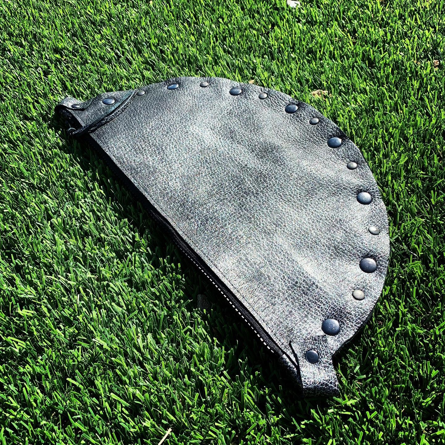 Metallic Gunmetal Leather Half-Moon Clutch