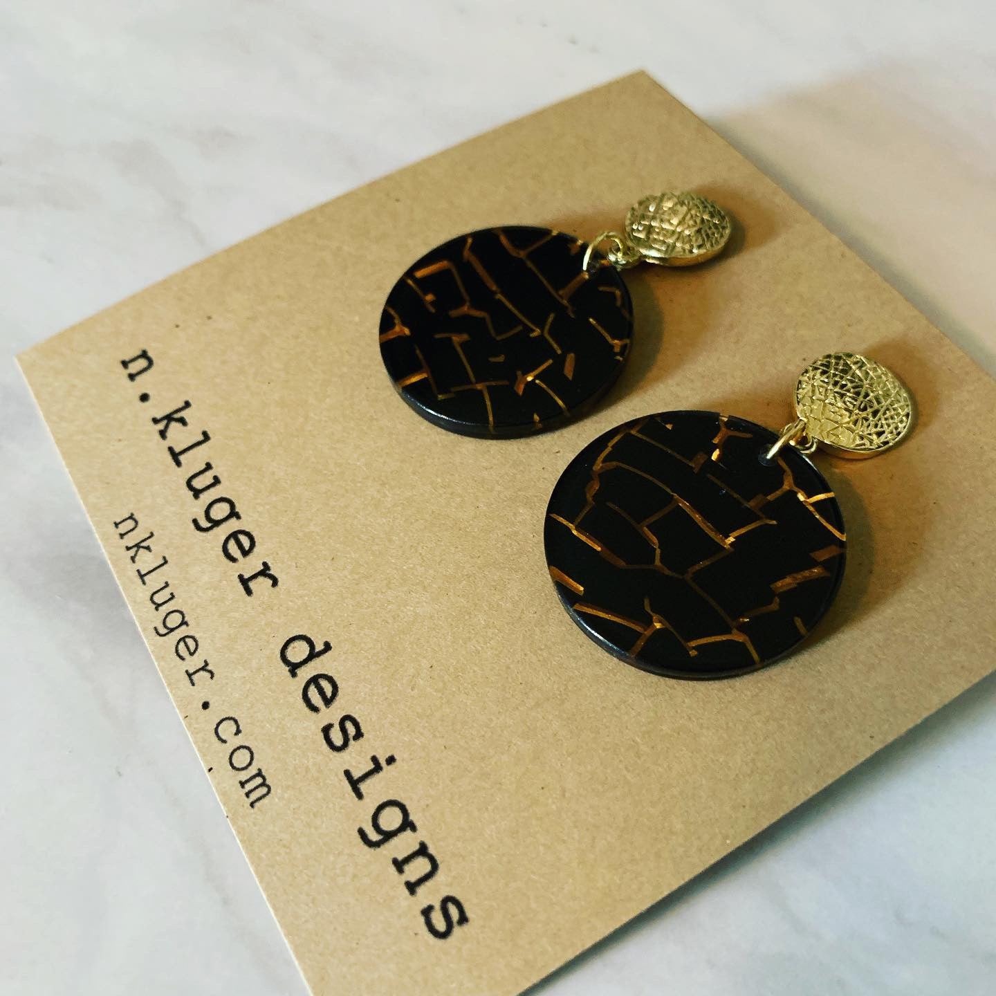 Gold & Black Mosaic Circle Acrylic Drop Earrings