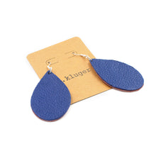 Retro Royal Blue Leather Teardrop Earrings with Pink Back