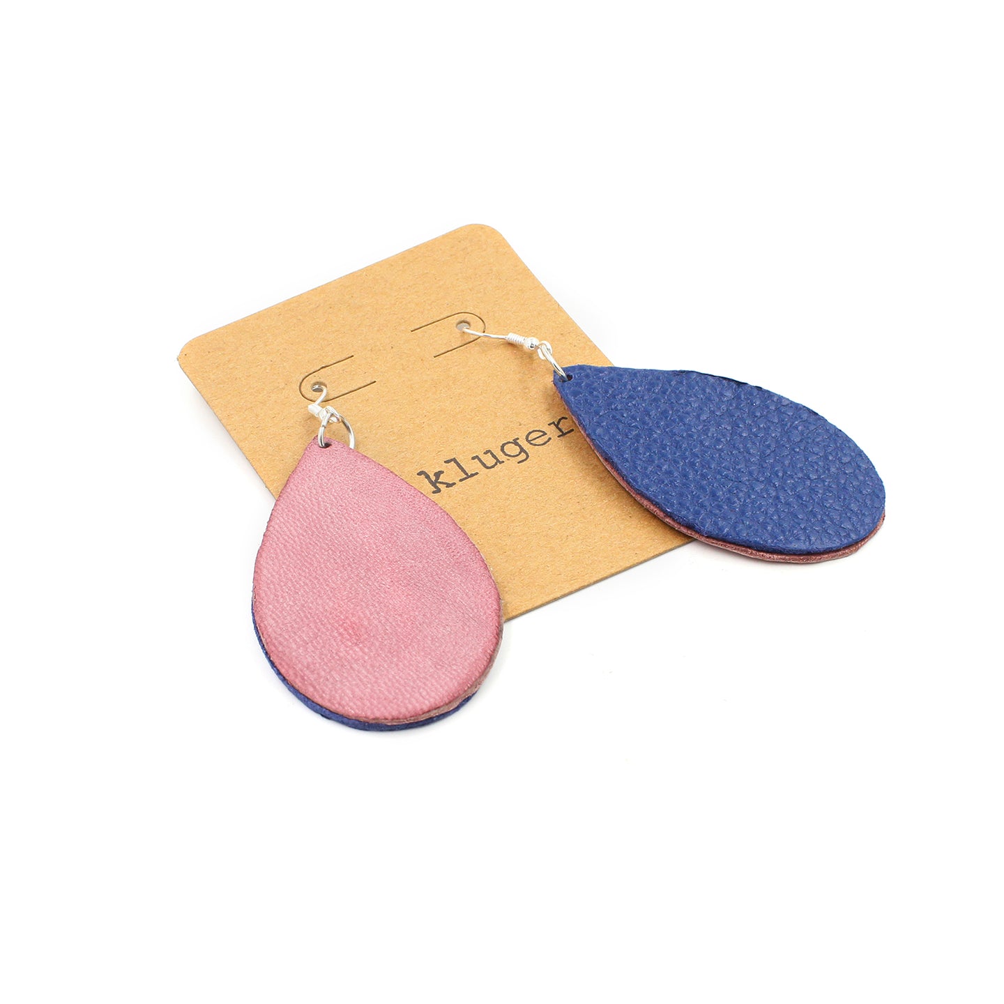 Retro Royal Blue Leather Teardrop Earrings with Pink Back