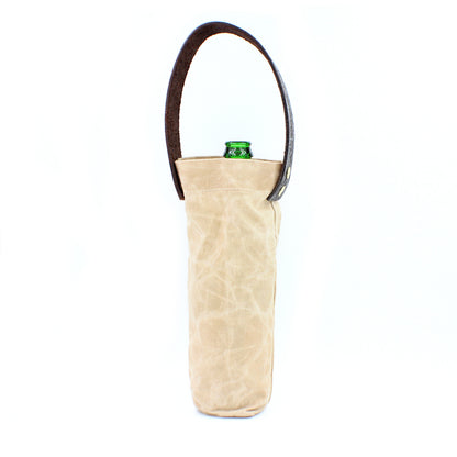 Waxed Canvas Khaki Wine Tote with Leather Strap