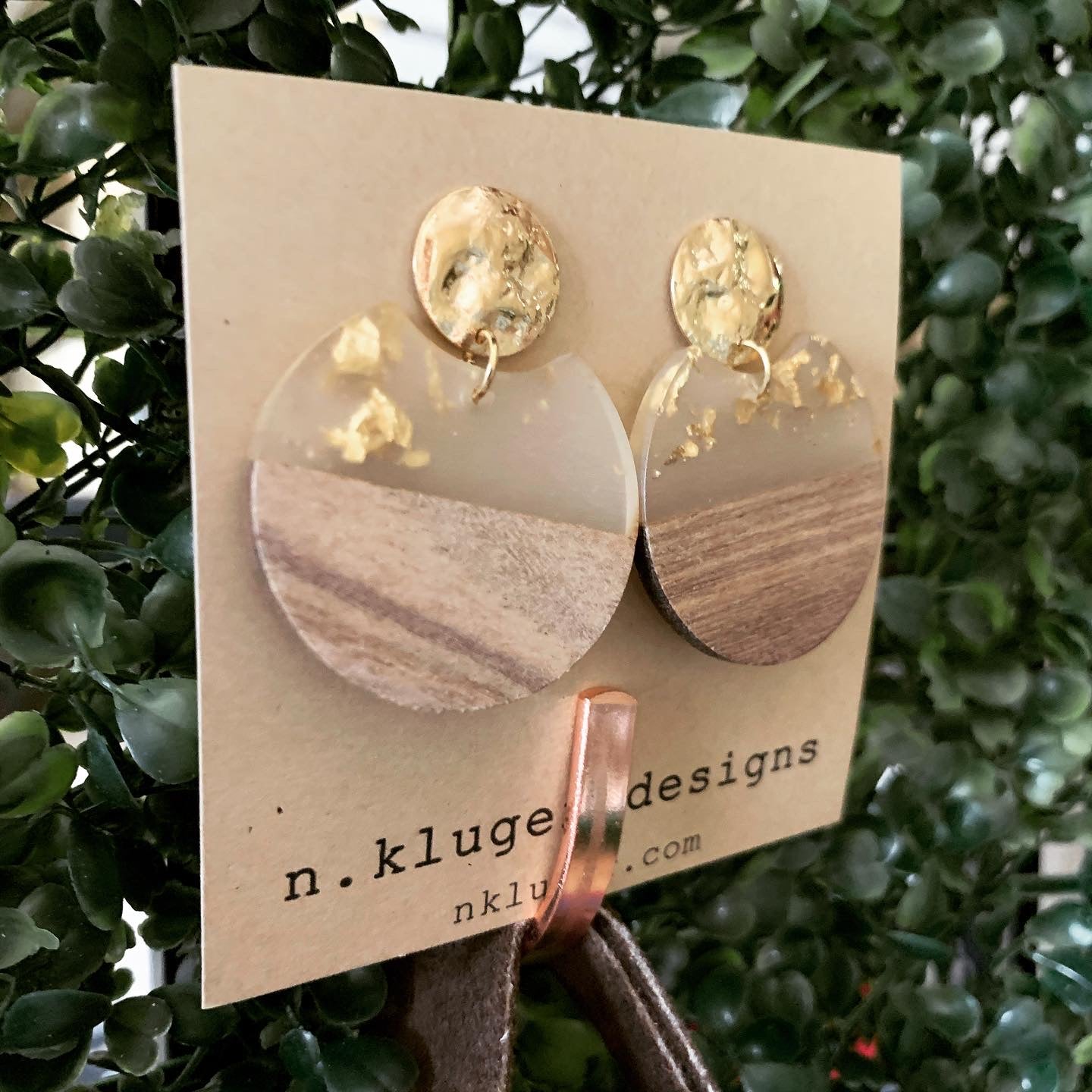 Gold Leaf & Wood Circle Cutout Acrylic Drop Earrings