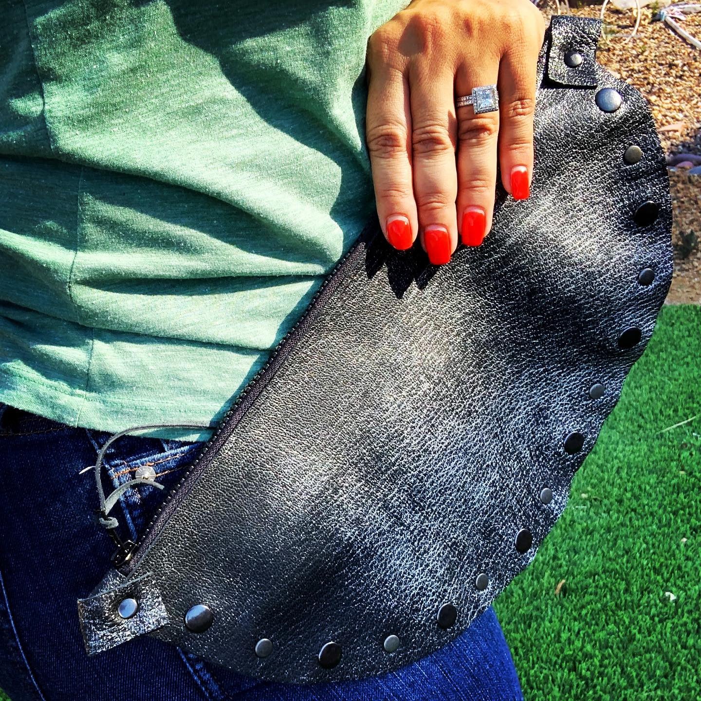 Metallic Gunmetal Leather Half-Moon Clutch